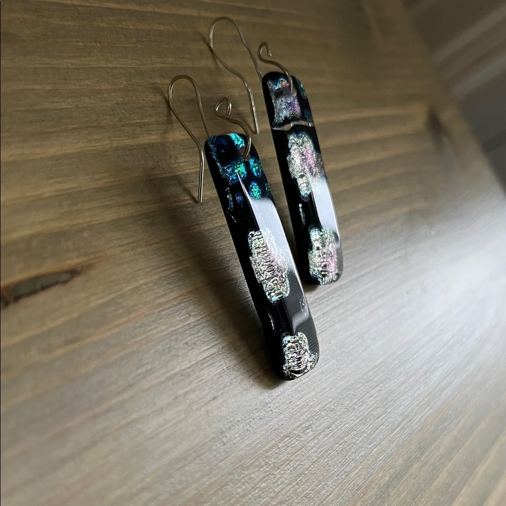 Handmade Black Dichroic Glass Drop Earrings with Pink Accents - Picture 2 of 5